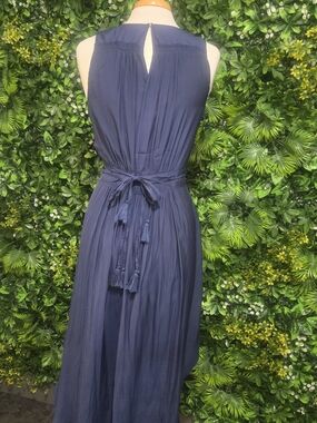 Tahari Navy Sleeveless Midi Dress with Tassel Waist
